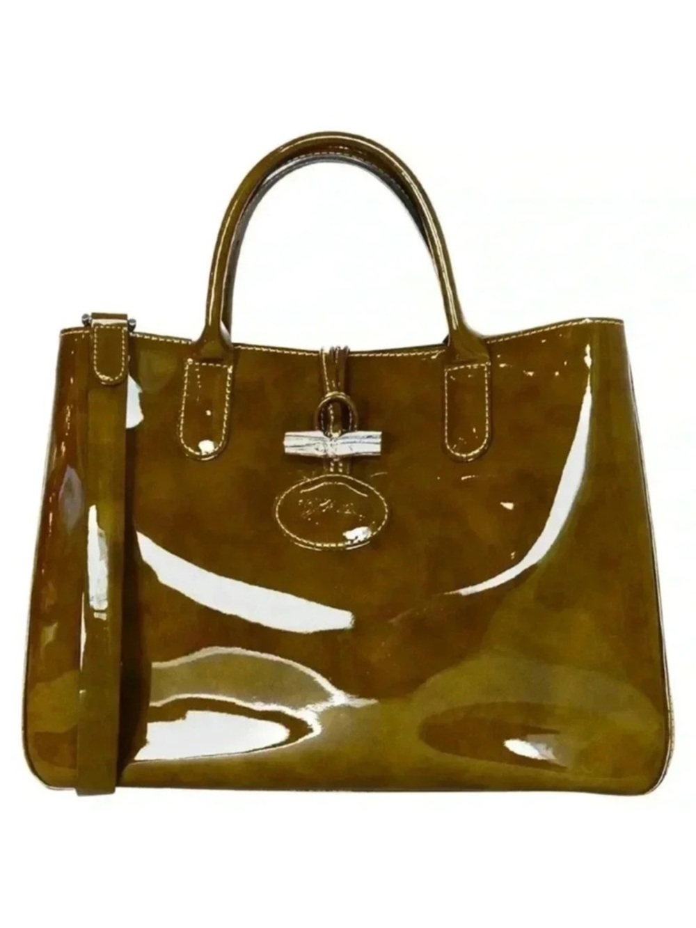 LONGCHAMP Brown Tortoise Patent Leather Large Roseau Toggle Tote
